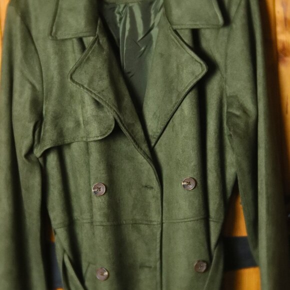 New Tall Khaki Green Faux Suede Midi Trench Coat - Picture 4 of 5